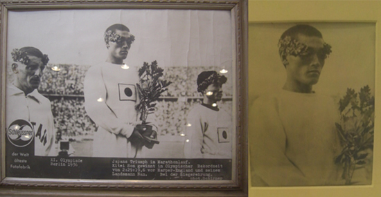 左の写真が表彰台にあがったときの写真。右の写真は、同じ写真の孫基禎をアップにしたものだが、胸の日の丸は消されている。どちらも記念館で飾られていた写真なのだが、特に解説されている様子はなかった。